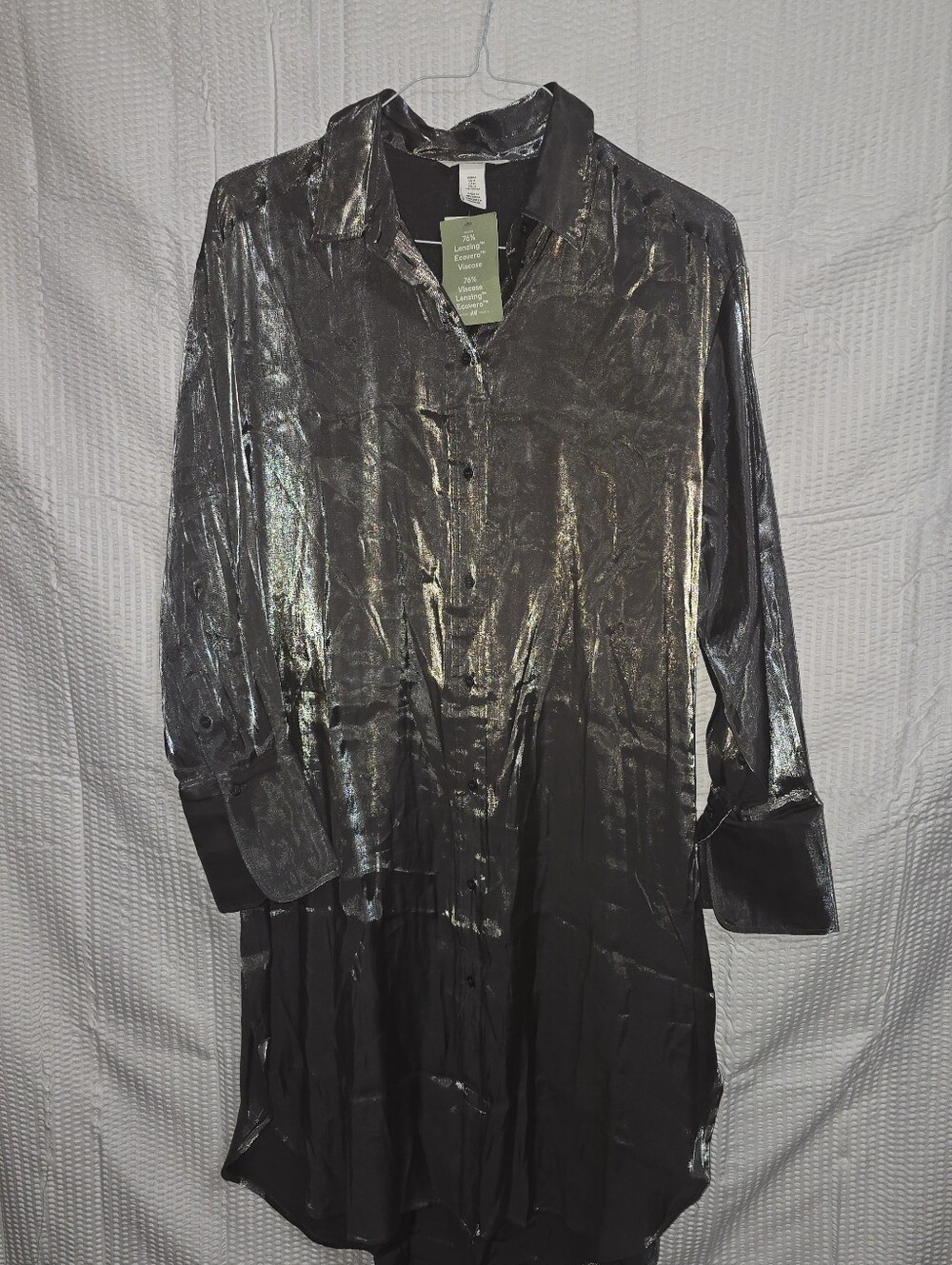 Silky Longline Button-Up Dress - Charcoal Gray Metallic